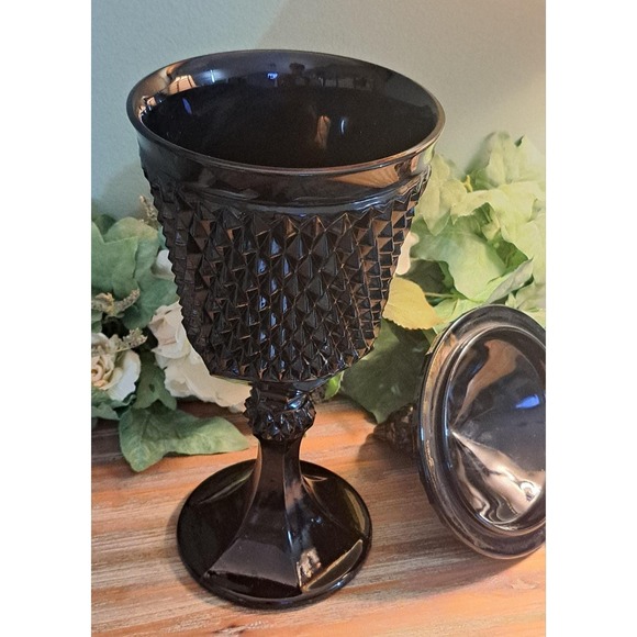 Vintage Indiana Black Glass Tiara Diamond Point 15" Pedestal Compote w/Lid Candy - Picture 6 of 6